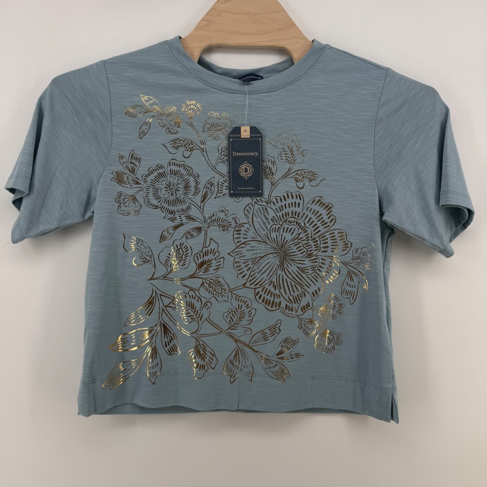 Democracy Womens PS Blue Gold Foil Floral Slub Knit T-Shirt NWT